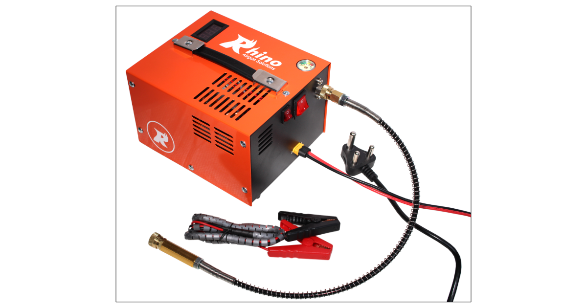 Rhino orange compact PCP compressor with fill hose and power leads