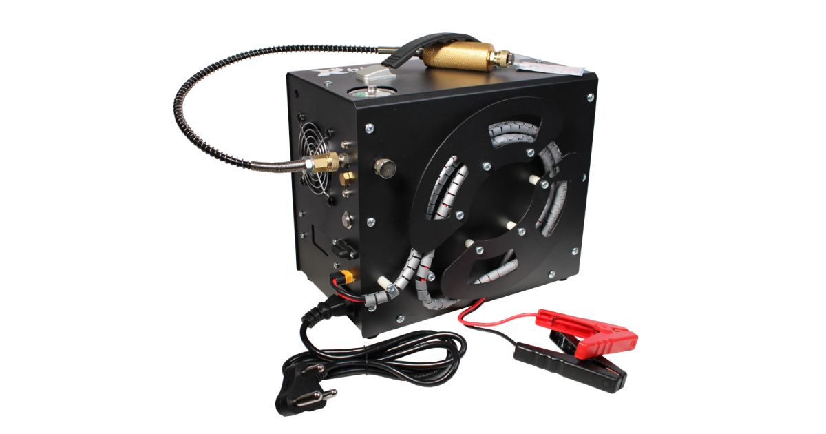 Rhino black compact PCP compressor with fill hose and power leads