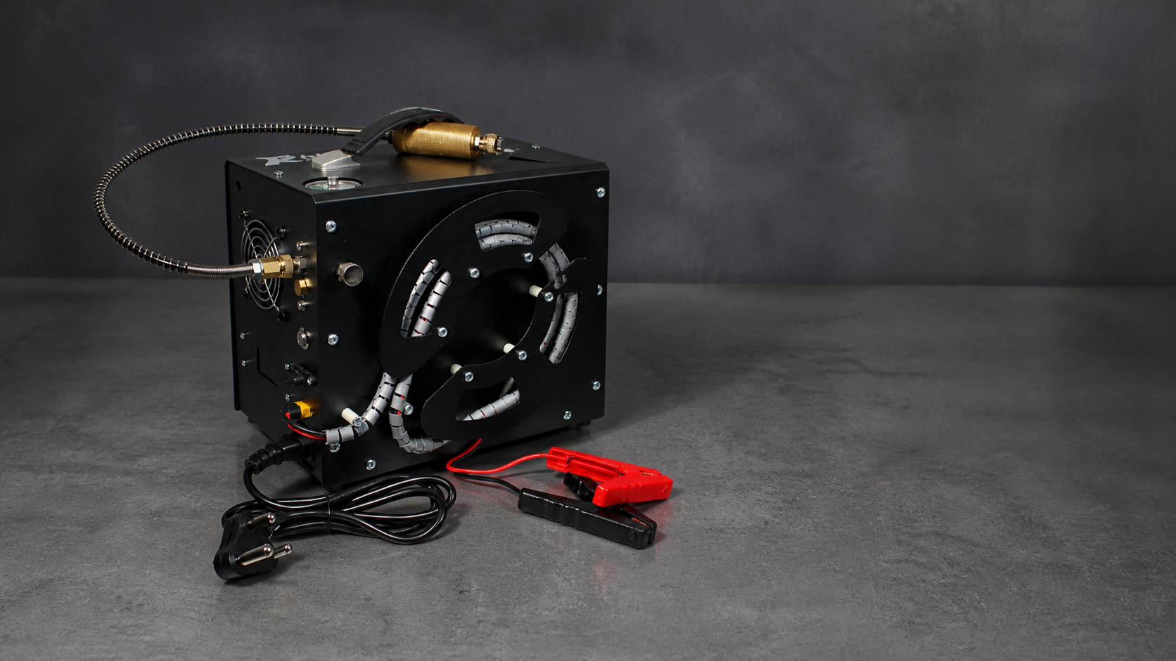 Rhino black compact PCP compressor on a workshop bench