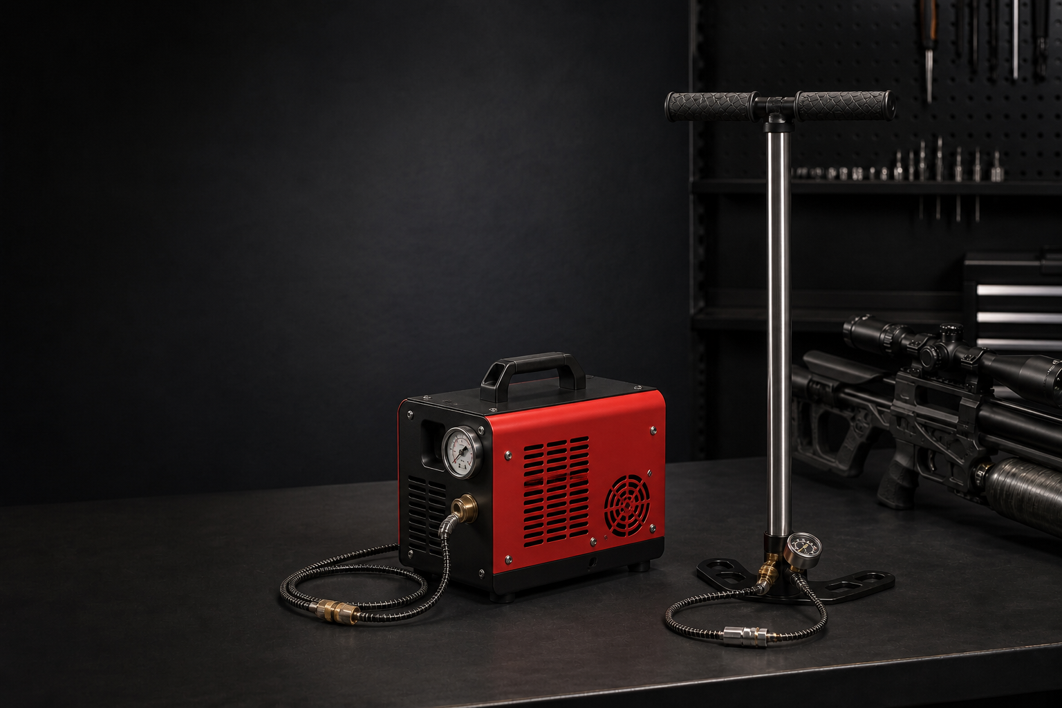 Rhino compressor and PCP hand pump on the workshop bench