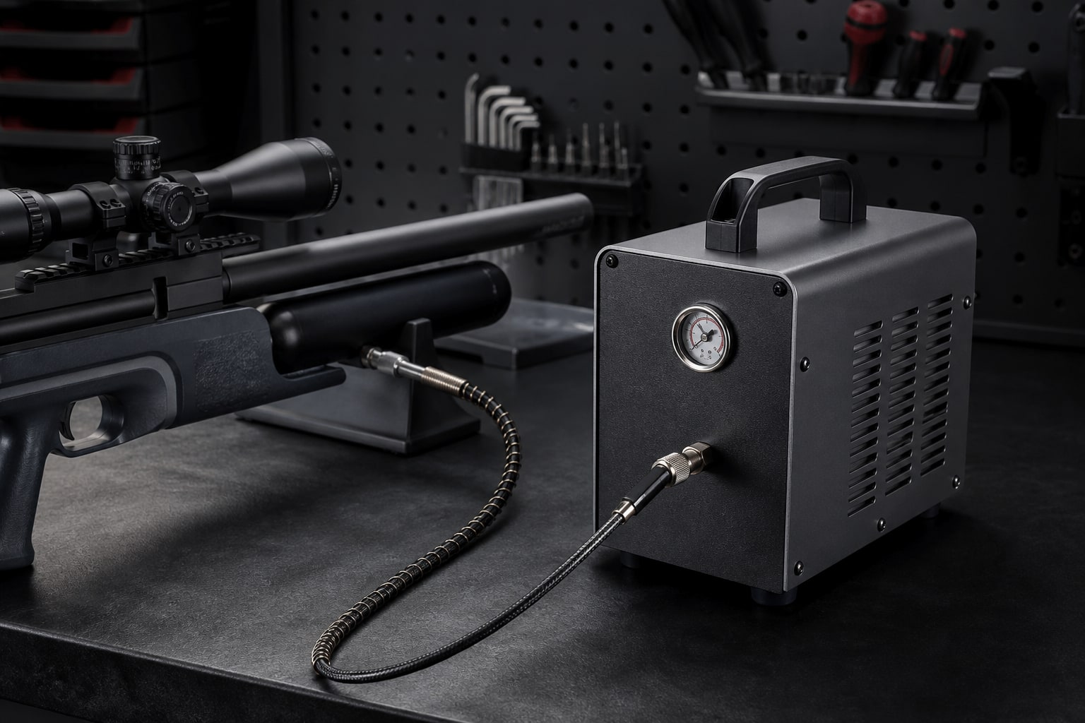 Compact PCP compressor connected to an air rifle air cylinder