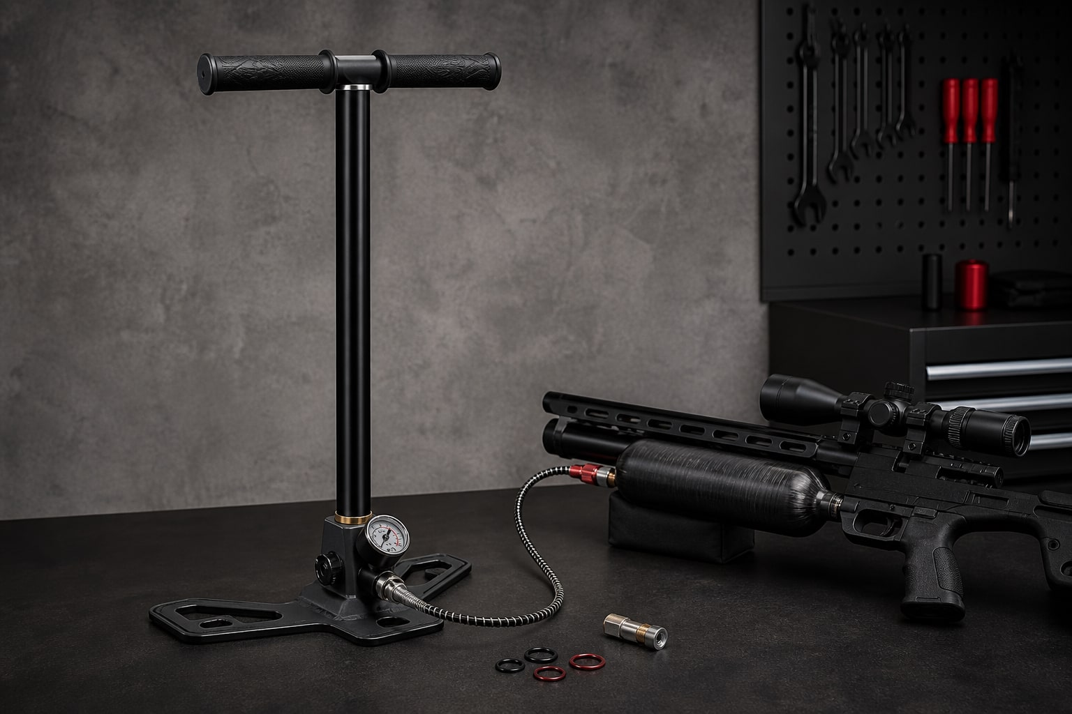 Manual high-pressure PCP hand pump connected to an air rifle reservoir